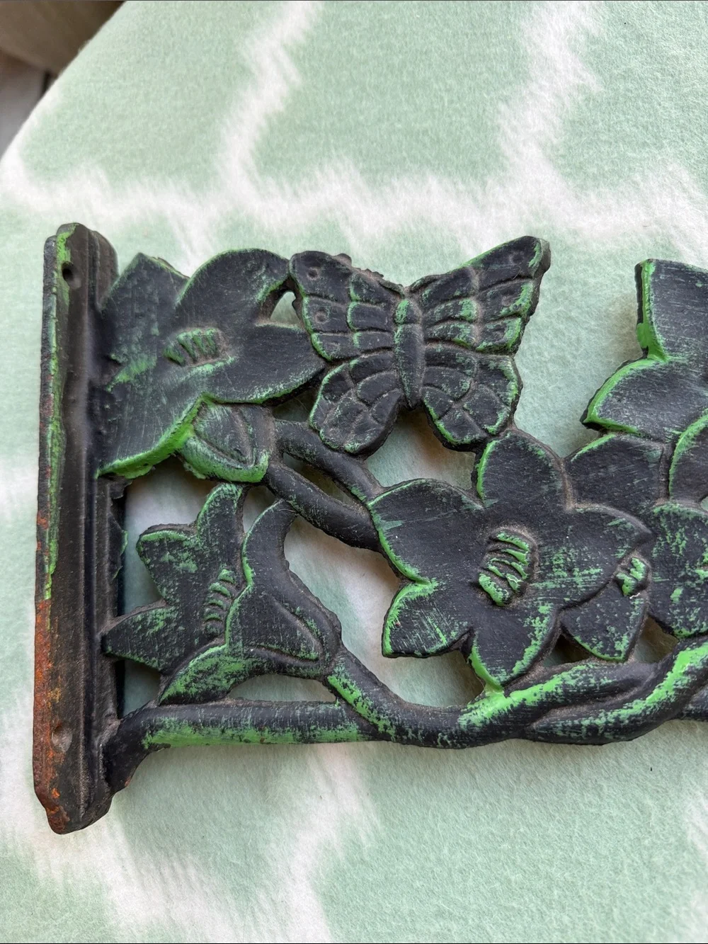 Vintage Cast Iron Floral Plant Bracket Wall Hook - Green and Black
